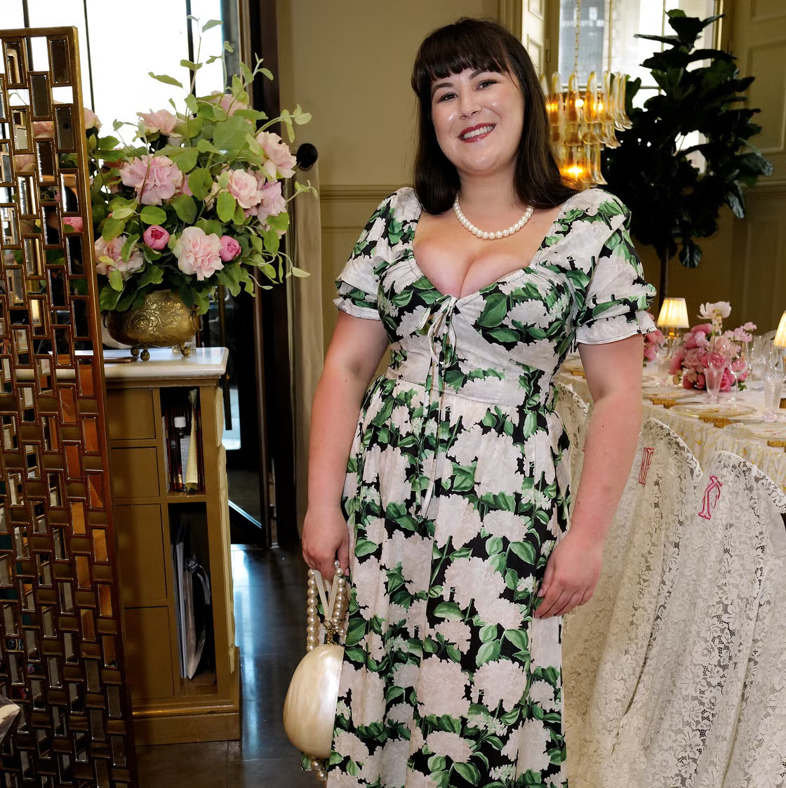 Floral Print Fit and Flare Dress with Pearl Accessories — House Dresses