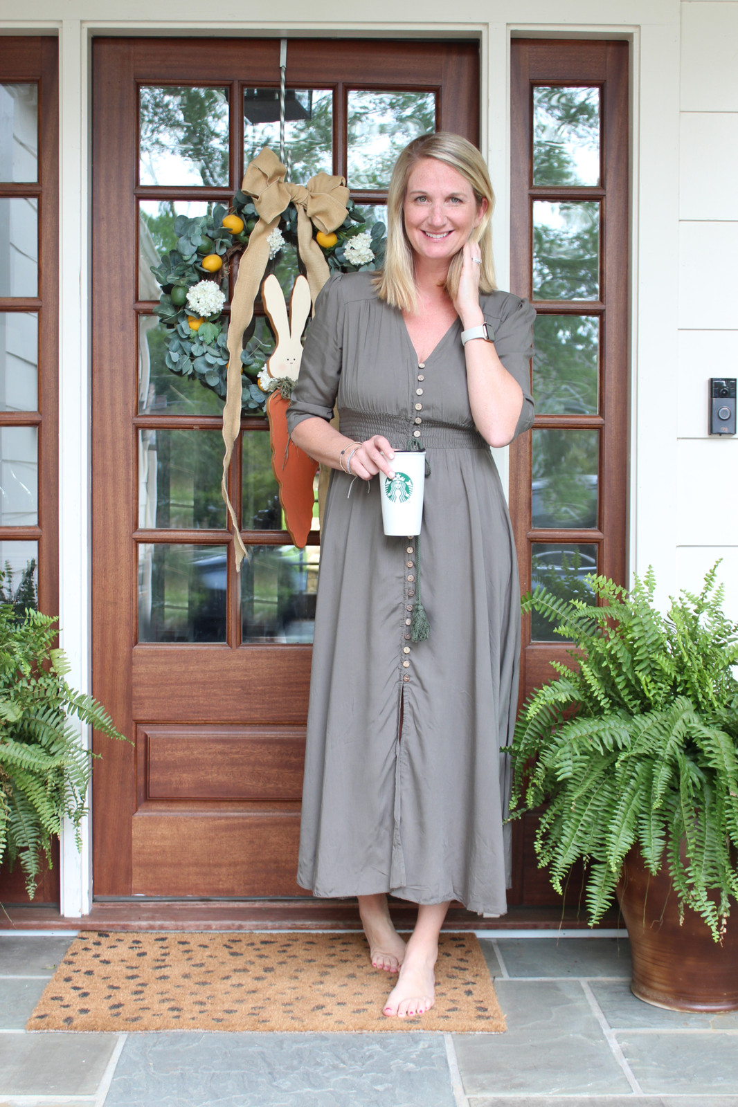 Khaki Green Button-Front Midi Dress for Casual Mornings — House Dresses