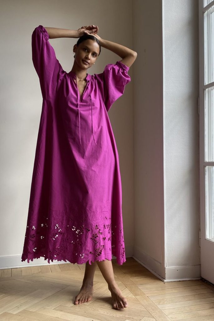 Fuchsia Cotton Dress with Tie Neckline and Eyelet Hem — House Dresses