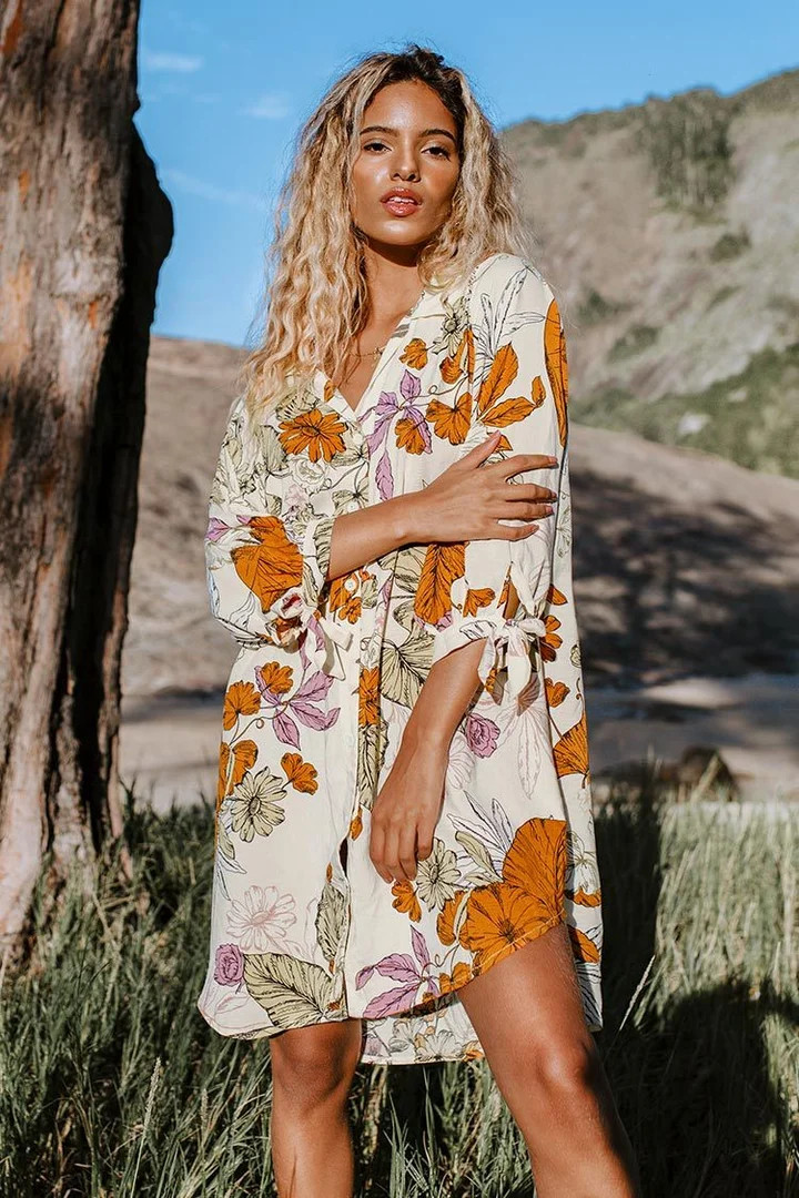 Cream Floral A-Line Midi Dress with Sleeve Ties — House Dresses