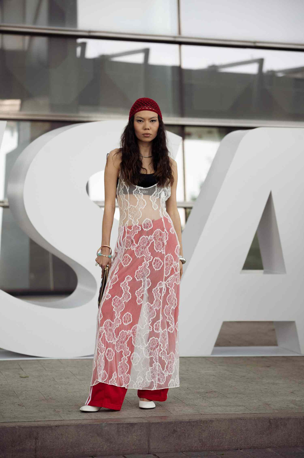 Casual White Lace Overlay Dress with Red Trousers Casual White Lace Overlay Dress with Red Trousers — Lace Dresses