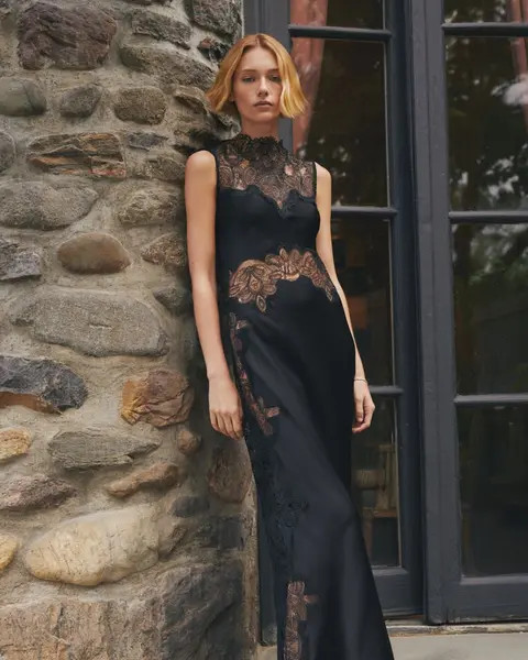 Black Silk Slip Dress with Bronze Floral Lace Detail Black Silk Slip Dress with Bronze Floral Lace Detail — Lace Dresses
