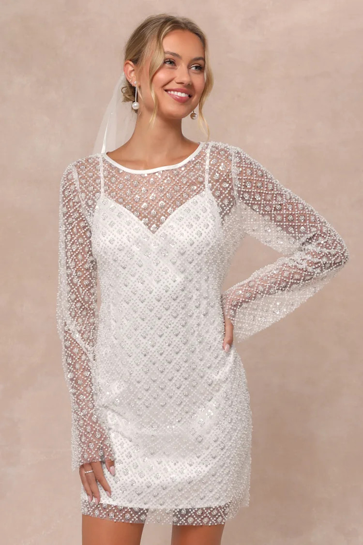 White Sequin and Pearl-Embellished Mesh Overlay Dress White Sequin and Pearl-Embellished Mesh Overlay Dress — Sequin Dresses