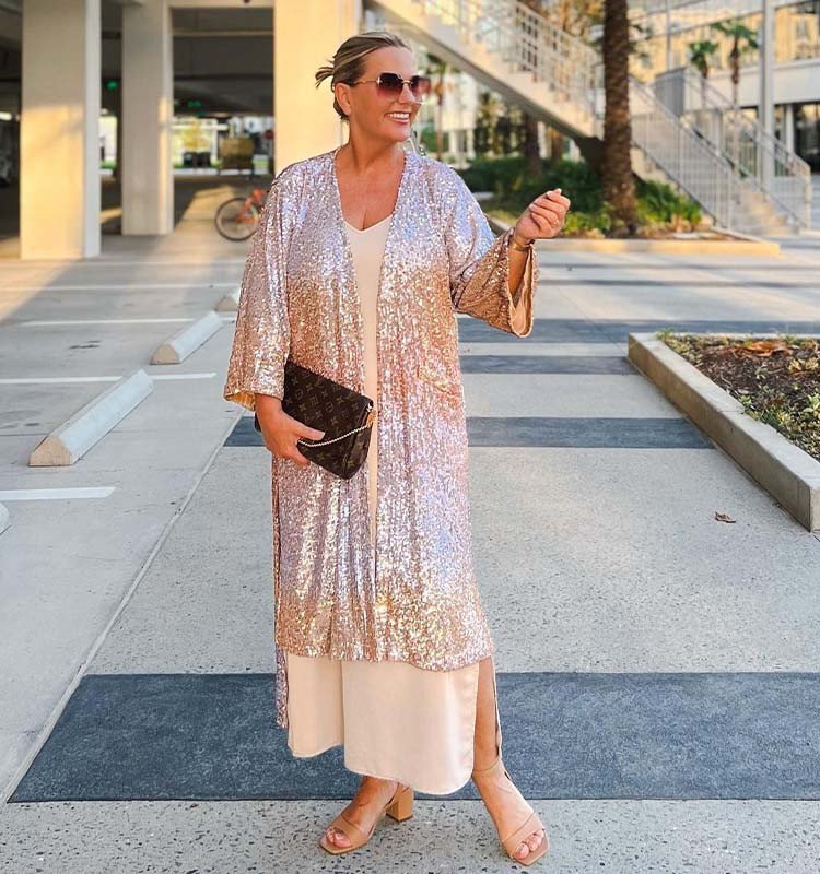 Rose Gold Sequin Duster Coat Over Pink Satin Slip Dress Rose Gold Sequin Duster Coat Over Pink Satin Slip Dress — Sequin Dresses
