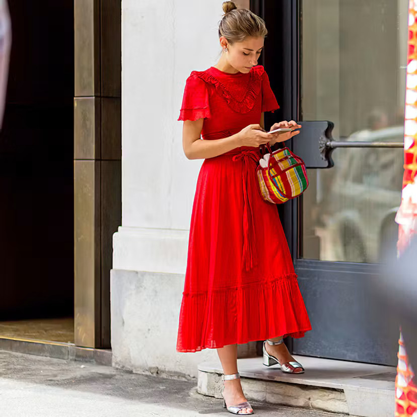 Vibrant Red A-Line Midi Dress with Ruffled Details — Work Dresses