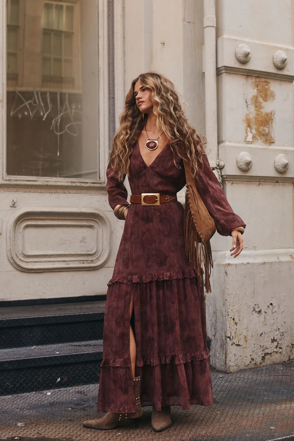 Maroon Paisley Burnout Wrap Maxi Dress for a Bohemian Look — Vacation Dresses