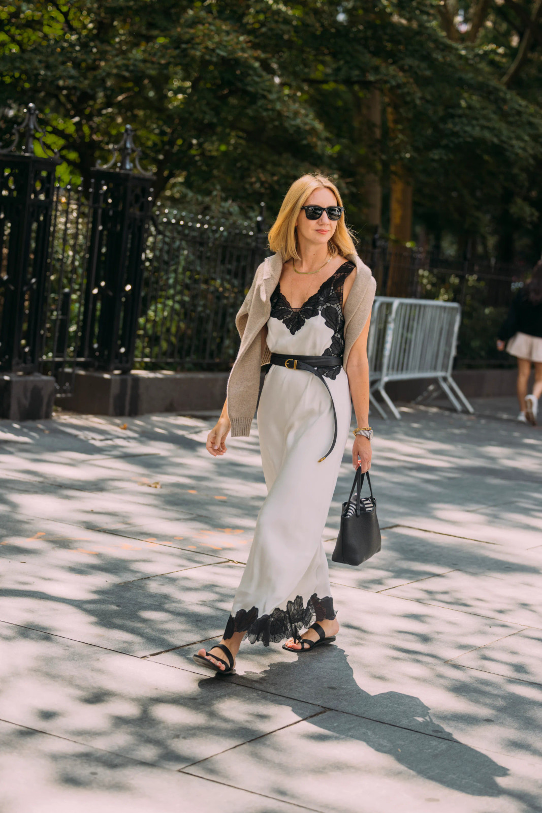 White Satin Slip Dress with Lace Trim and Cardigan — Cinched With A Black Belt — Vacation Dresses