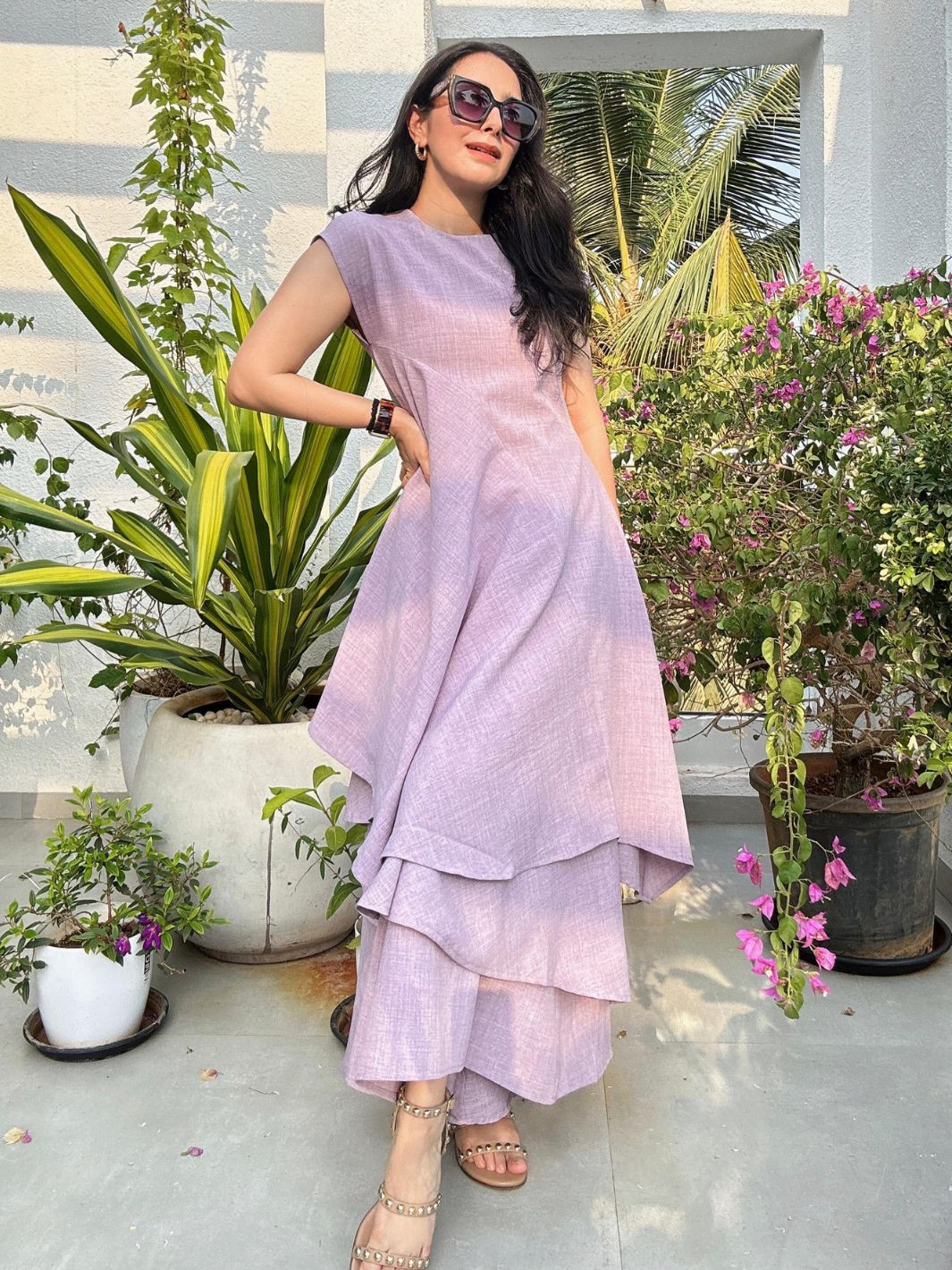 Lavender Layered Dress Over Wide-Leg Pants for Travel — Vacation Dresses