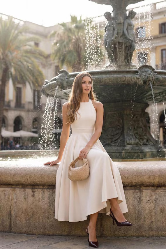 Cream Halter Neck Fit-and-Flare Midi Dress — Engagement Party Dresses