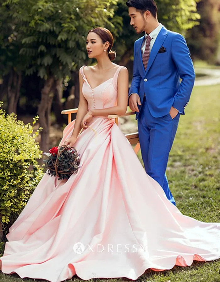 Soft Pink Satin Ballgown with Button-Down Bodice — Engagement Photo Dresses
