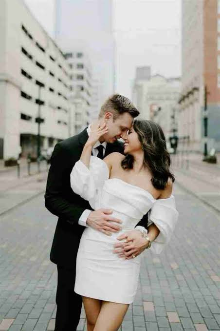 Off-the-Shoulder White Mini Dress with Voluminous Sleeves — Engagement Photo Dresses