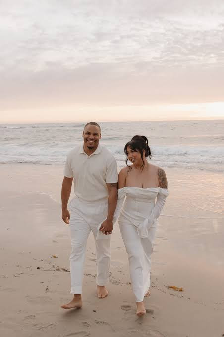 Ivory Off-the-Shoulder Dress with Wide-Leg Pants — Engagement Photo Dresses