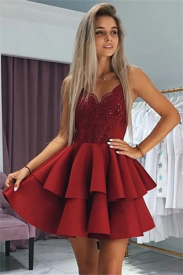 Red Carpet Ready: Sequined Bodice with Tiered Ruffled Skirt Dress — Homecoming Dresses