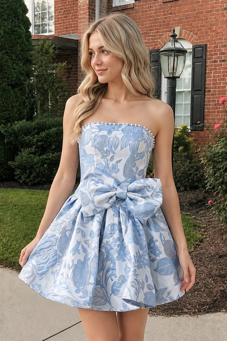 Classic Charm: Blue and White Floral Brocade A-Line Dress — Homecoming Dresses