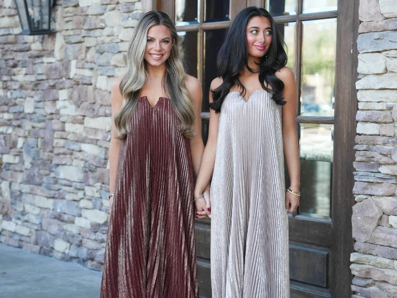 Metallic Pleated Strapless Maxi Dresses in Bronze and Champagne Metallic Pleated Strapless Maxi Dresses in Bronze and Champagne — Sorority Formal Dresses