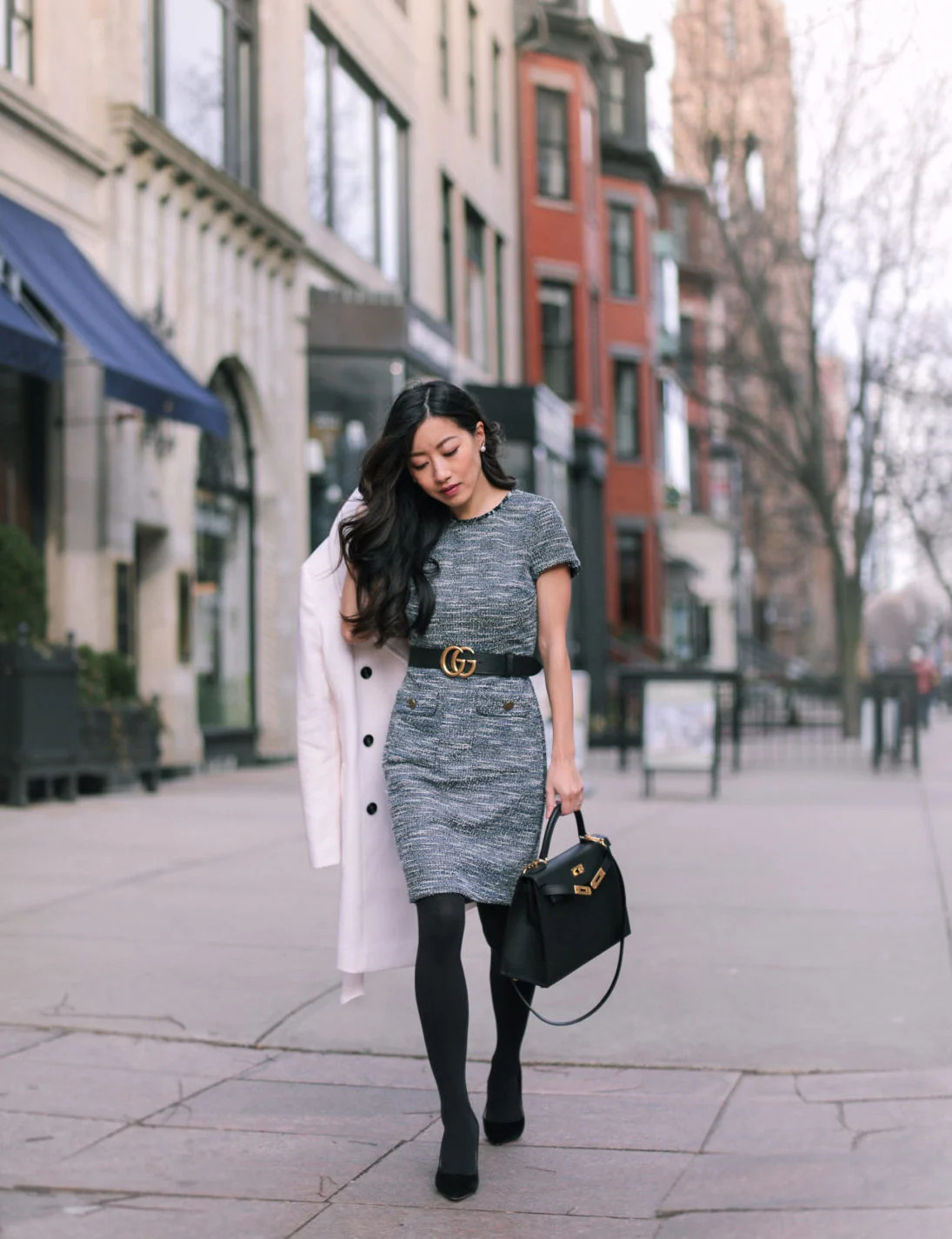Grey Tweed-Like Sheath Dress for Workwear — Petite Dresses