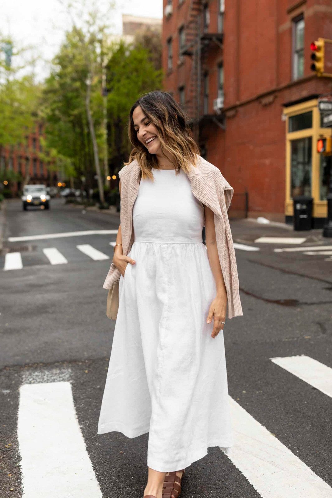 Versatile White Linen Dress with Pink Cardigan Versatile White Linen Dress with Pink Cardigan — Dresses for Women Over 40