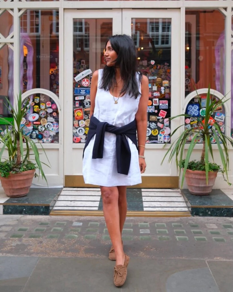Casual White Linen A-Line Dress with Navy Sweater Casual White Linen A-Line Dress with Navy Sweater — Dresses for Women Over 40