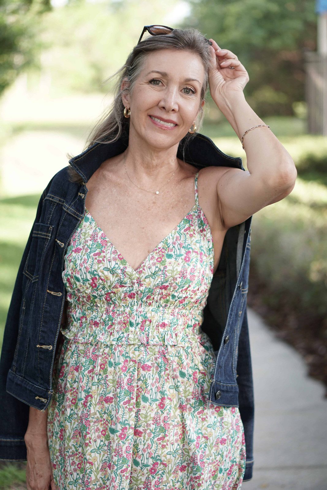Casual Denim Jacket Layered Over a Floral Midi Dress — Dresses for Women Over 70