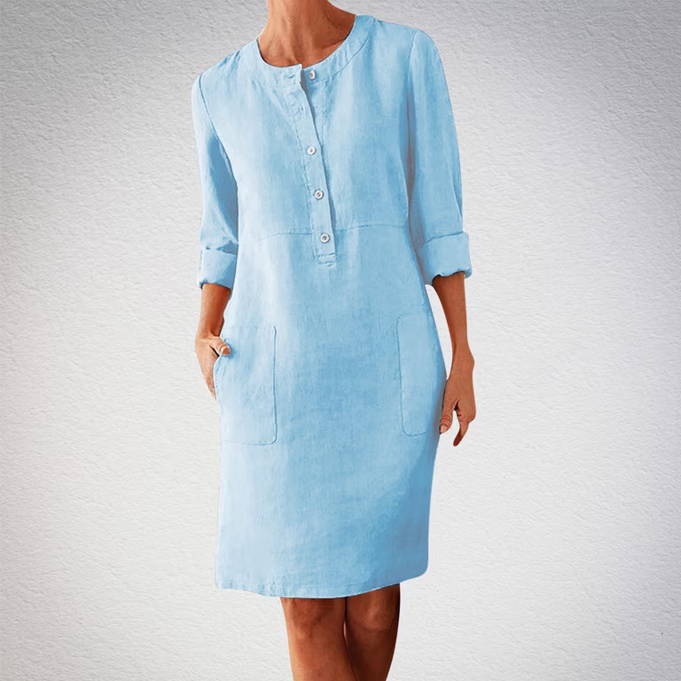 Light Blue Linen-Blend Knee-Length Dress with Button Front — Dresses for Women Over 70