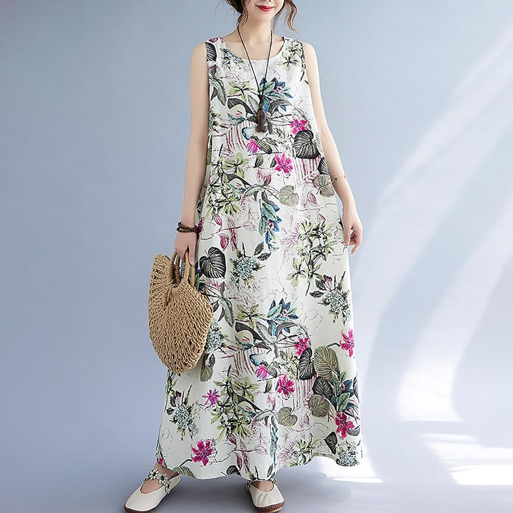 White A-Line Maxi Dress with Large Floral Print — Dresses for Women Over 70