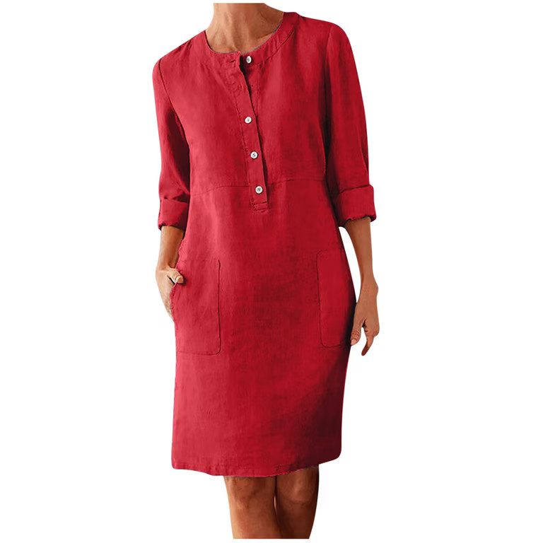 Red Linen-Blend Shift Dress with Three-Quarter Sleeves — Dresses for Women Over 70