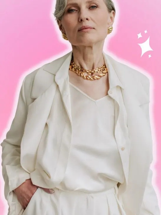 Monochromatic White Ensemble with Gold Accents — Dresses for Women Over 70