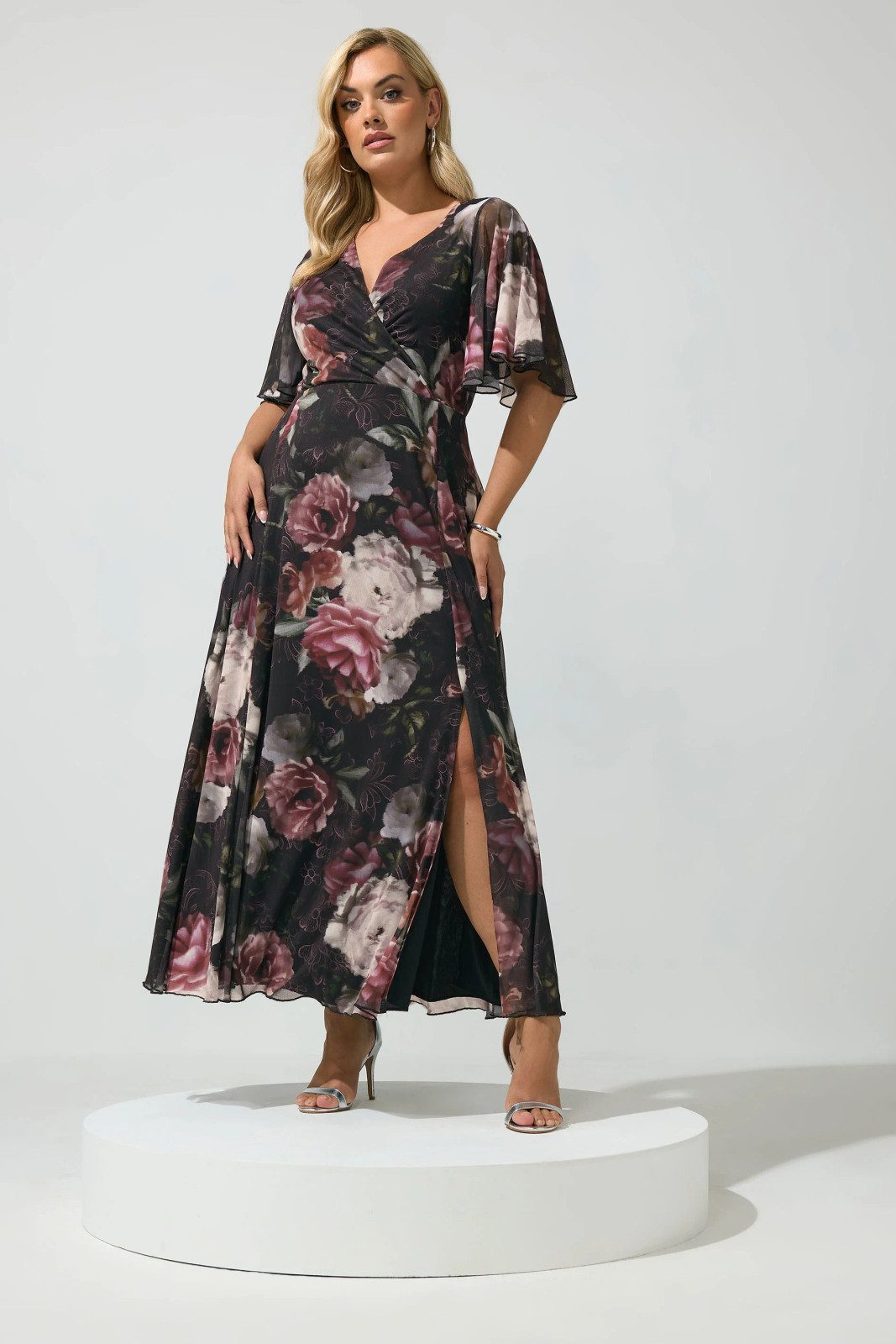 Floral Chiffon Maxi Dress with Wrap Bodice and Slit — Dresses for Apple Shape