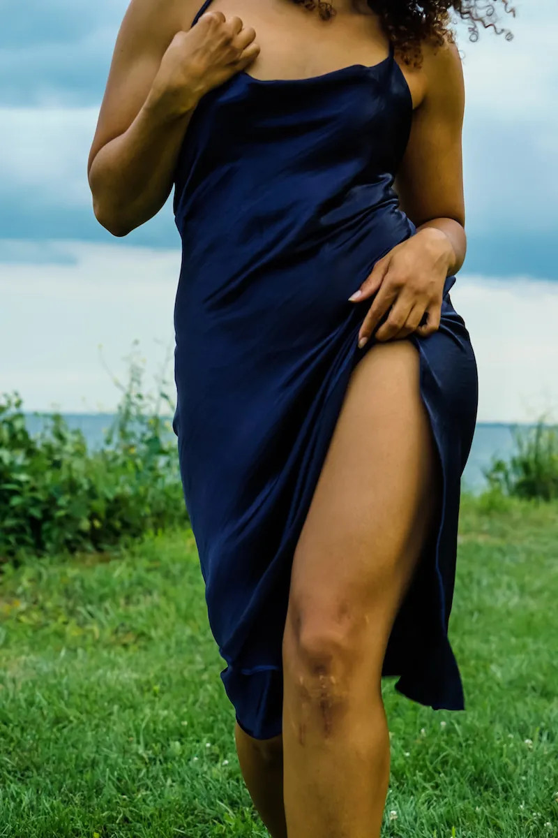 Navy Blue Satin Bias Cut Slip Dress — Dresses for Pear Shape