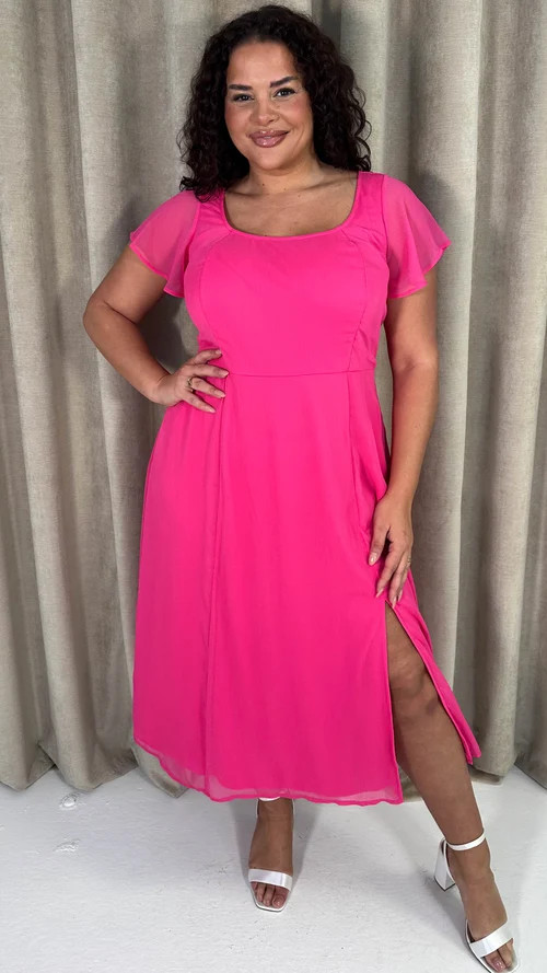 Hot Pink Midi Dress with Flutter Sleeves — Dresses for Big Arms