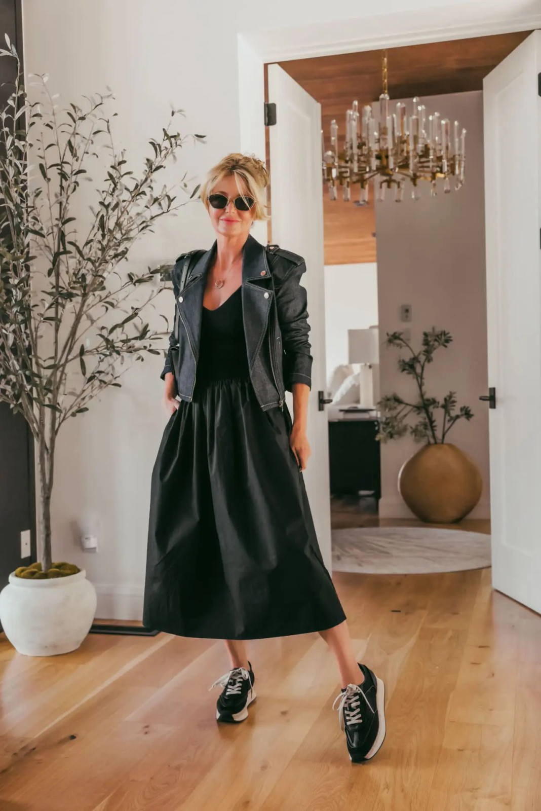A-Line Dress with Layered Denim Jacket — Dresses for Big Arms