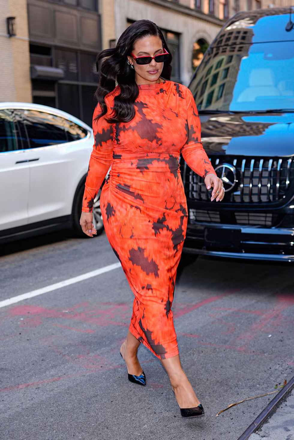 Red and Black Tie-Dye Mesh Midi Dress with Ruching — Dresses for Big Arms