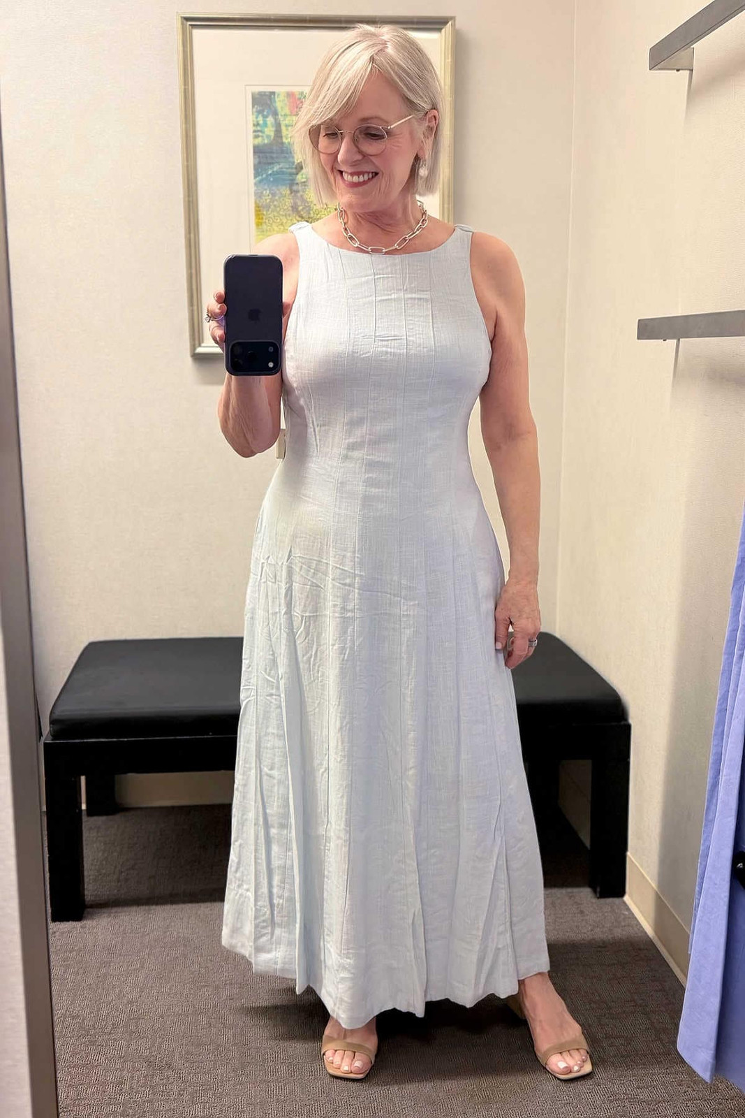 Light Blue A-Line Maxi Dress with Pleated Bodice — Dresses for Big Arms