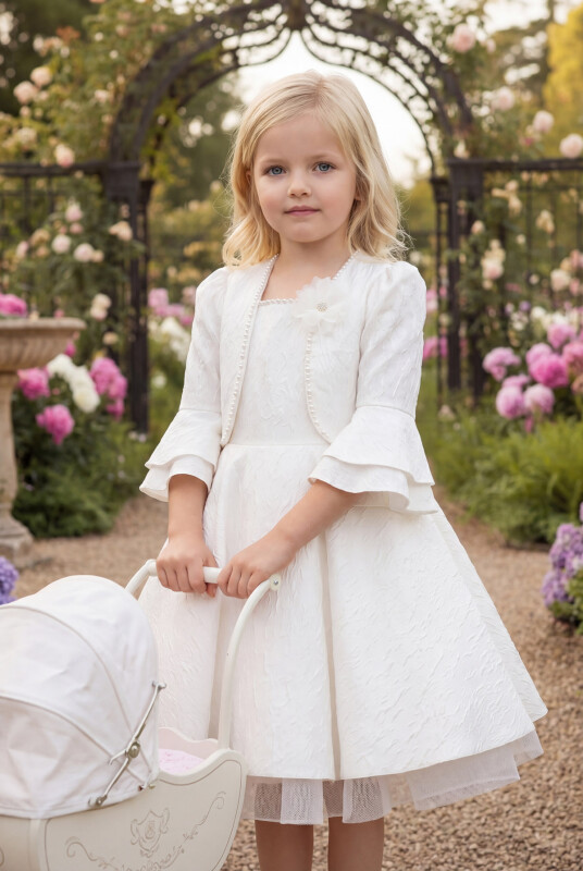 White Jacquard Dress with Pearl-Trimmed Jacket — Tween Dresses