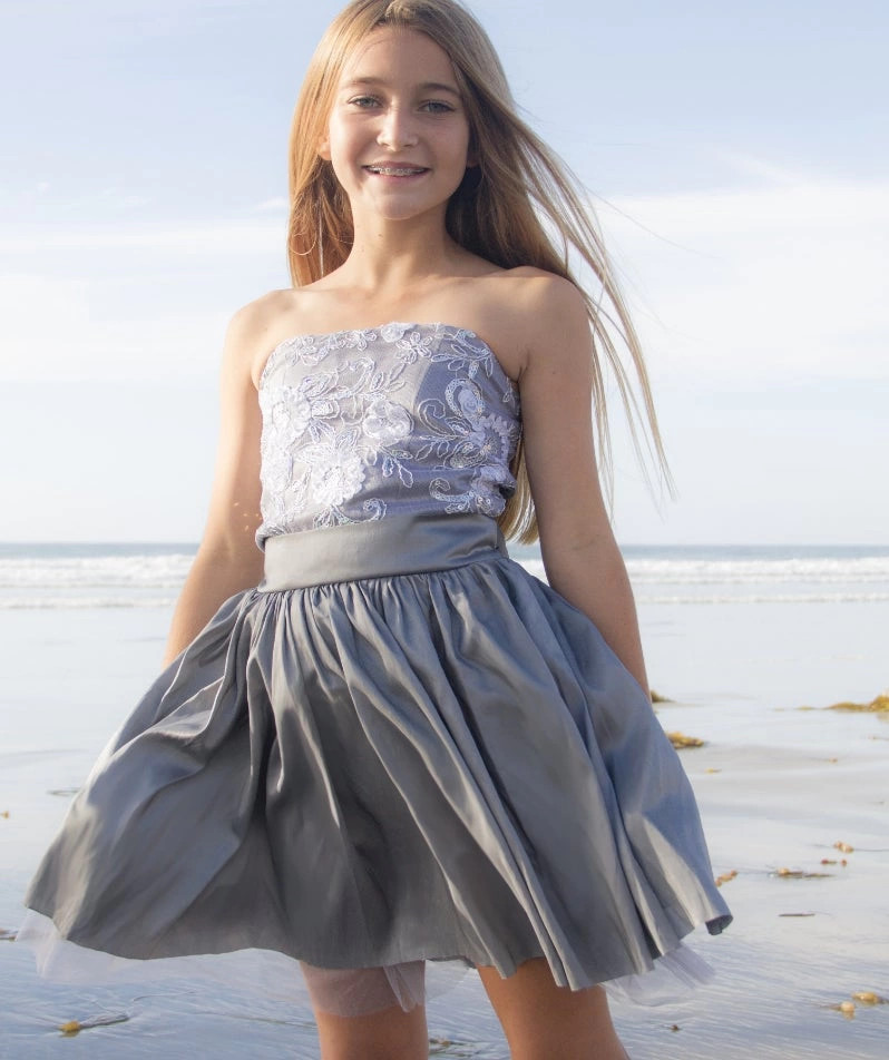 Grey Strapless Dress with Satin Bodice and Tulle Overlay — Tween Dresses