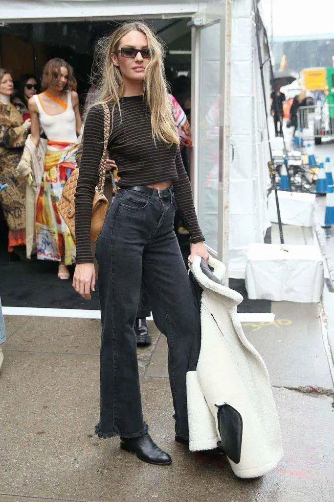 Flared Jeans with Striped Top and Fringed Hem — High Waisted Jeans