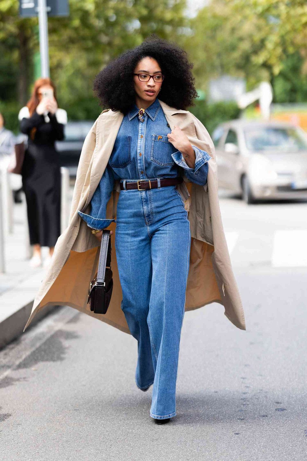 Denim Jumpsuit with Draped Trench and Loafers — High Waisted Jeans