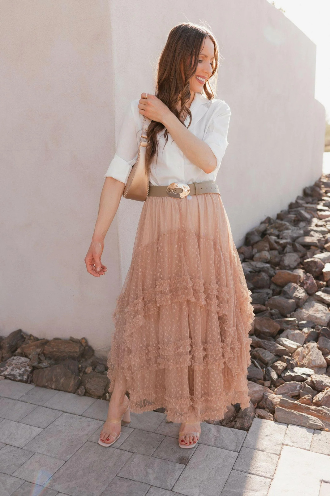 Nude Ruffled Tulle Maxi Skirt with Blouse Nude Ruffled Tulle Maxi Skirt with Blouse — Tulle Skirts