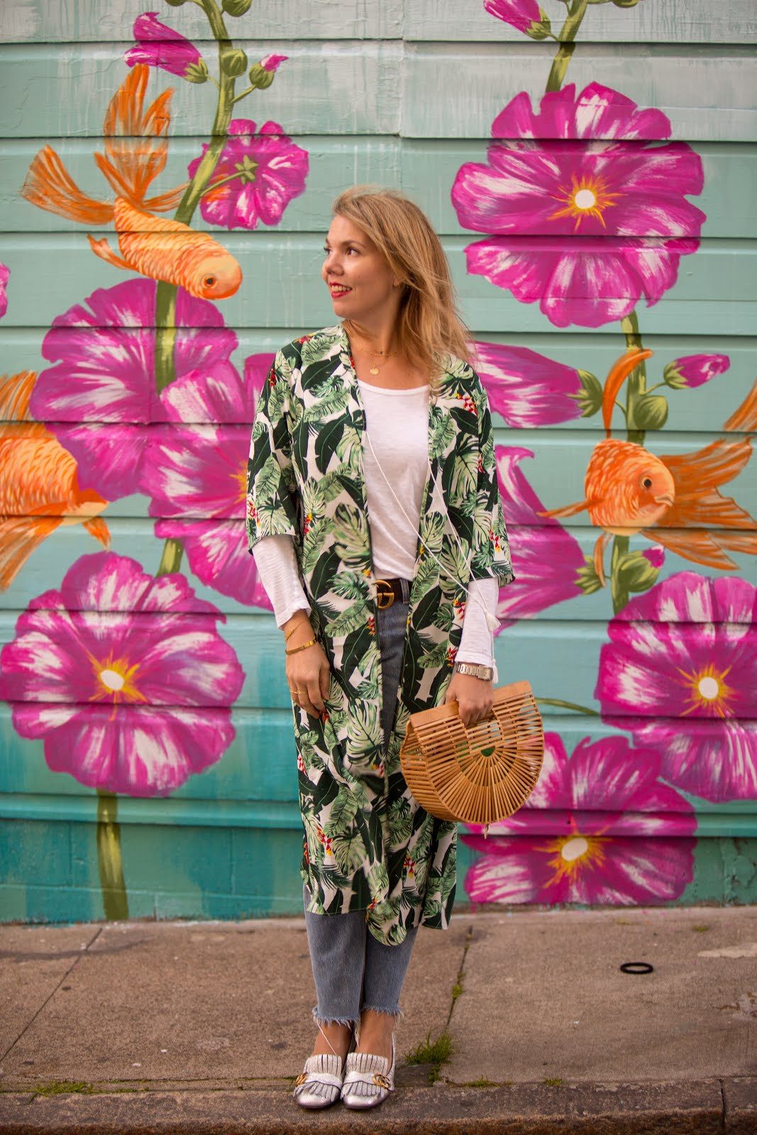 Tropical Leaf Print Kimono with Jeans — Kimonos