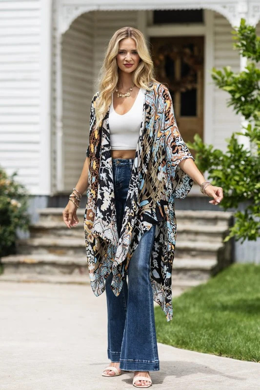 Vibrant Print Kimono with Flared Jeans — Kimonos