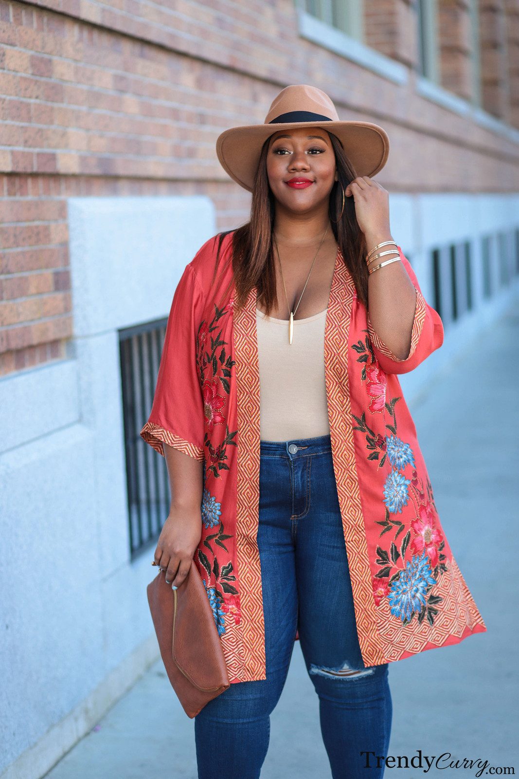 Embroidered Coral Kimono with Ripped Jeans — Kimonos