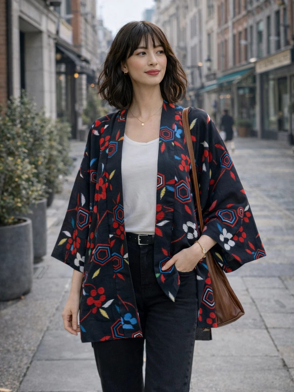 Bold Geometric Kimono with Jeans and Belt — Kimonos