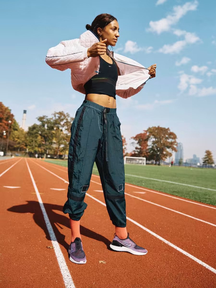 Athletic Chic with Pastel Bomber and Teal Pants — Nike Vomero Outfits