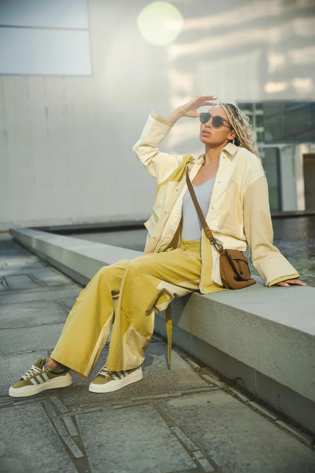 Bold Contrast: Olive Green Adidas Campus with Yellow Jacket and Pants Bold Contrast: Olive Green Adidas Campus with Yellow Jacket and Pants — Adidas Campus Outfits