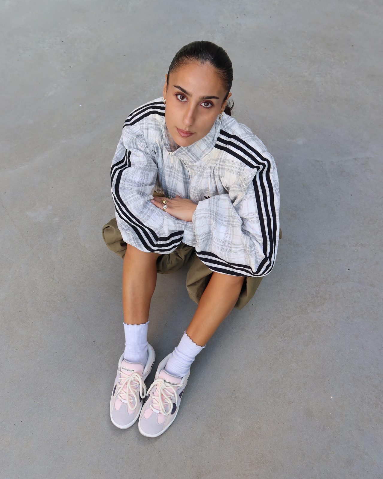 Streetwear Edge: Pink and Grey Adidas Campus with a Plaid Jacket Streetwear Edge: Pink and Grey Adidas Campus with a Plaid Jacket — Adidas Campus Outfits