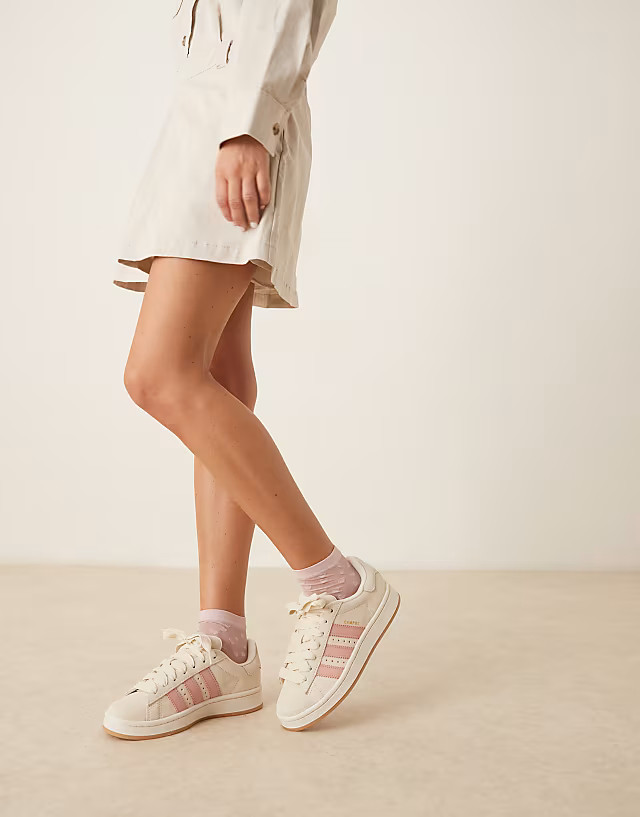 Pastel Accents: Cream Adidas Campus with Mini Dress and Trench Pastel Accents: Cream Adidas Campus with Mini Dress and Trench — Adidas Campus Outfits