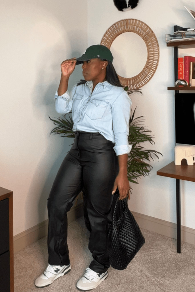 Faux Leather Pants Paired with Denim and 574s — New Balance 574 Outfits
