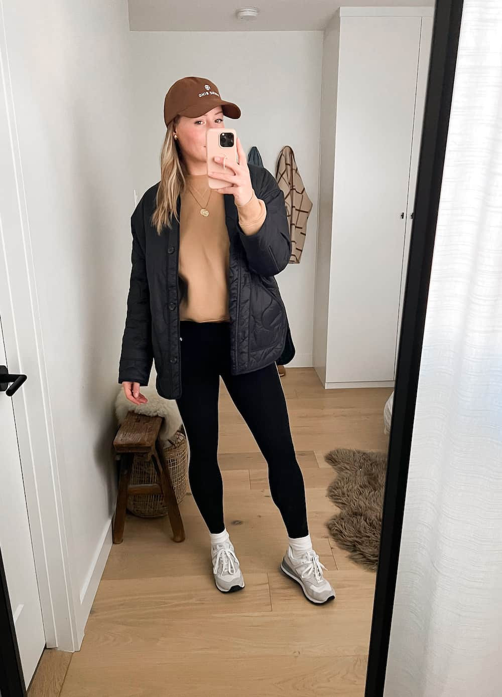 Quilted Jacket Athleisure with 574s and Baseball Cap — New Balance 574 Outfits