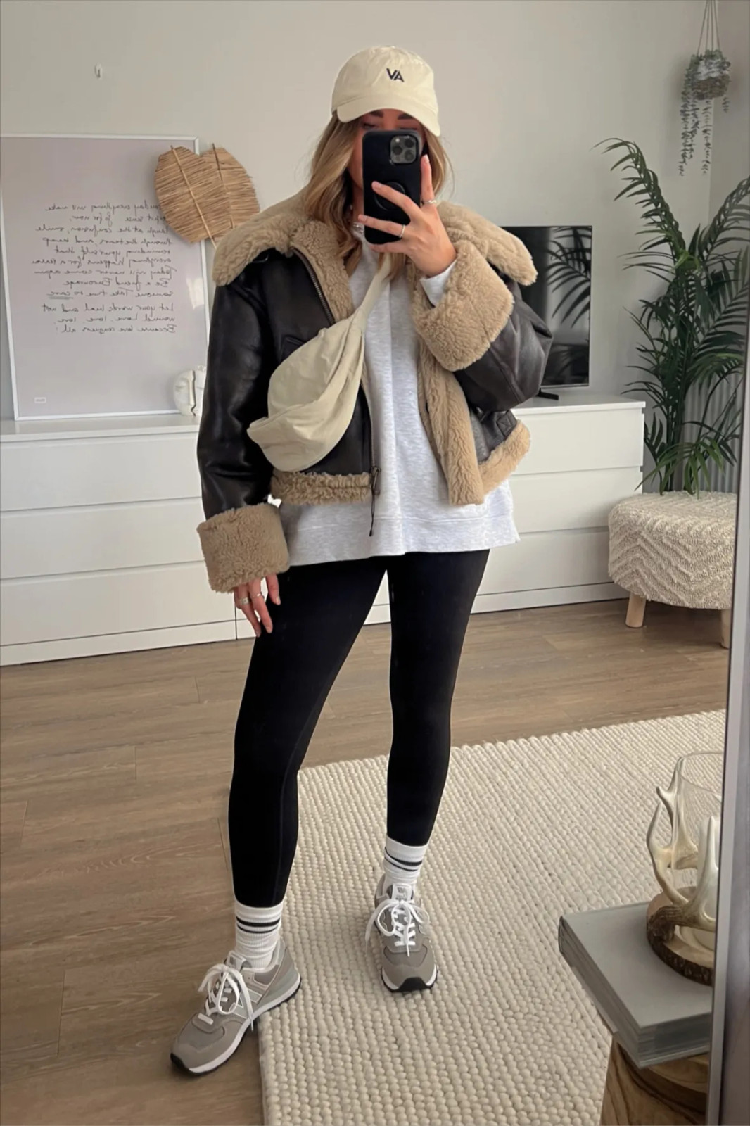 Shearling Jacket Meets Grey Sweatshirt and 574s — New Balance 574 Outfits
