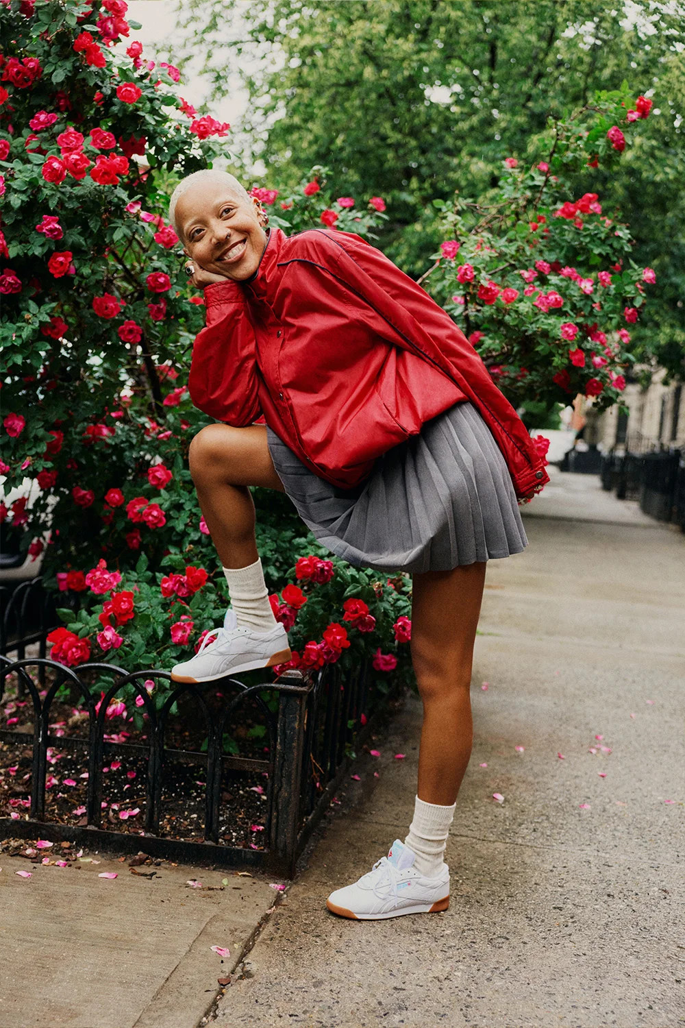 Sporty Meets Chic: Red Bomber Jacket and Club C — Reebok Club C Outfits